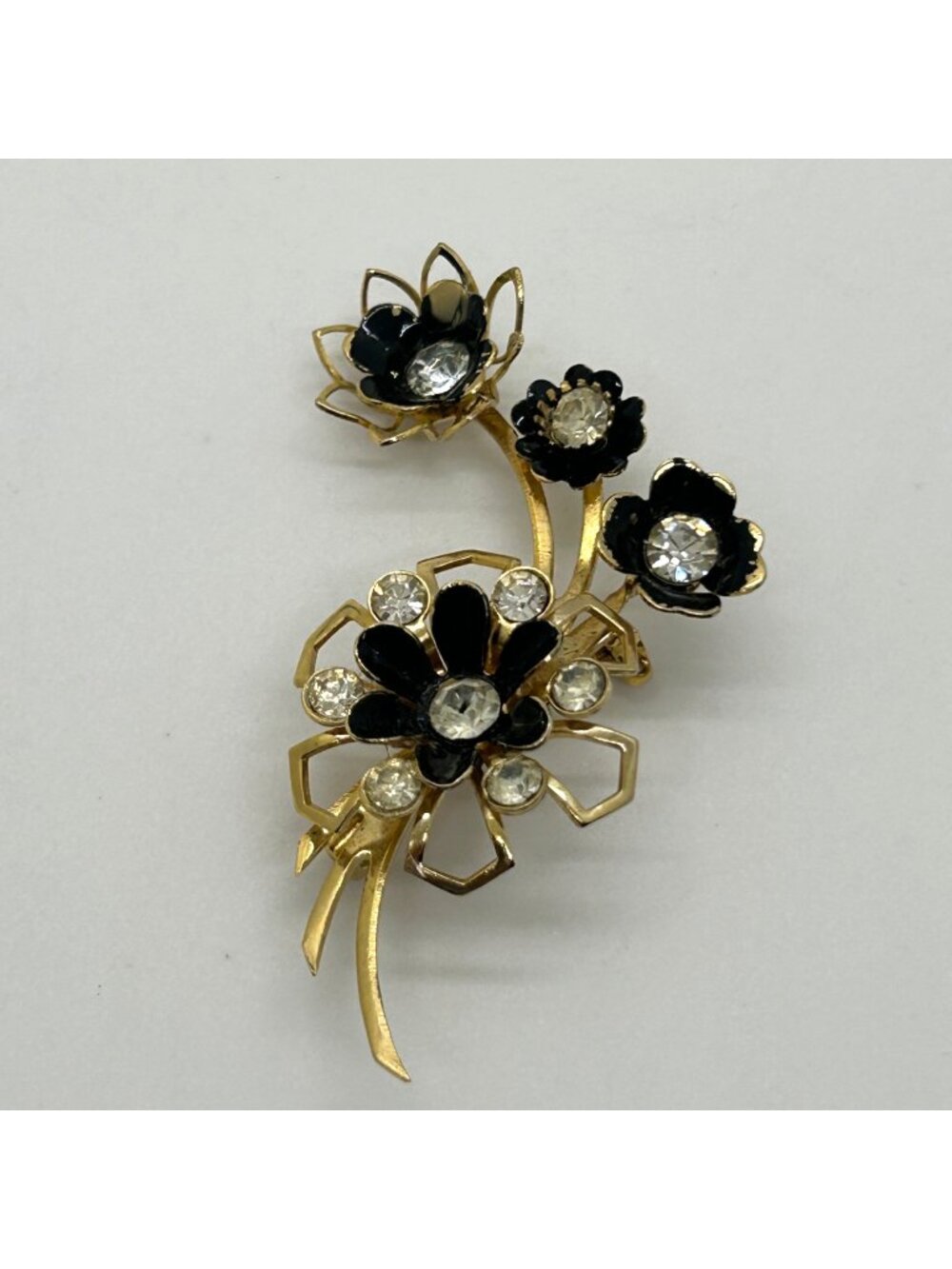 Vintage Gold Tone Black Enamel Flower Brooch Pin With Clear Rhinestones And Flor